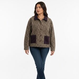 Idem Ditto Jacket Womens Size L Brown Leopard Print Corduroy Collar NWT